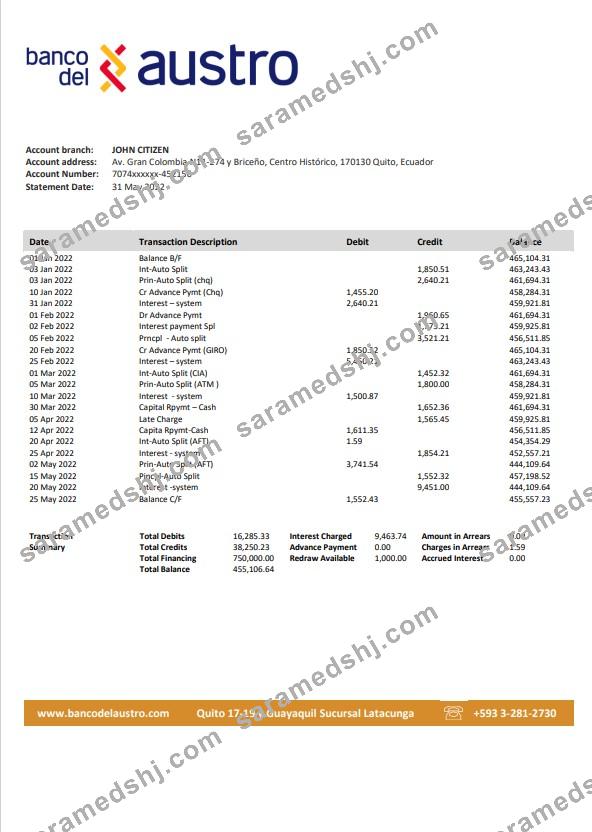 Ecuador Banco del Austro bank statement template, Word and PDF format